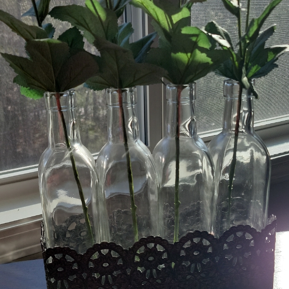 Pink Artificial Flower Arrangement in Clear Glass Bottles - Picture 3 of 5